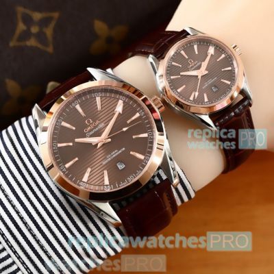 Copy Omega Seamaster Aqua Terra Co-Axial Lovers Watch - Brown Dial